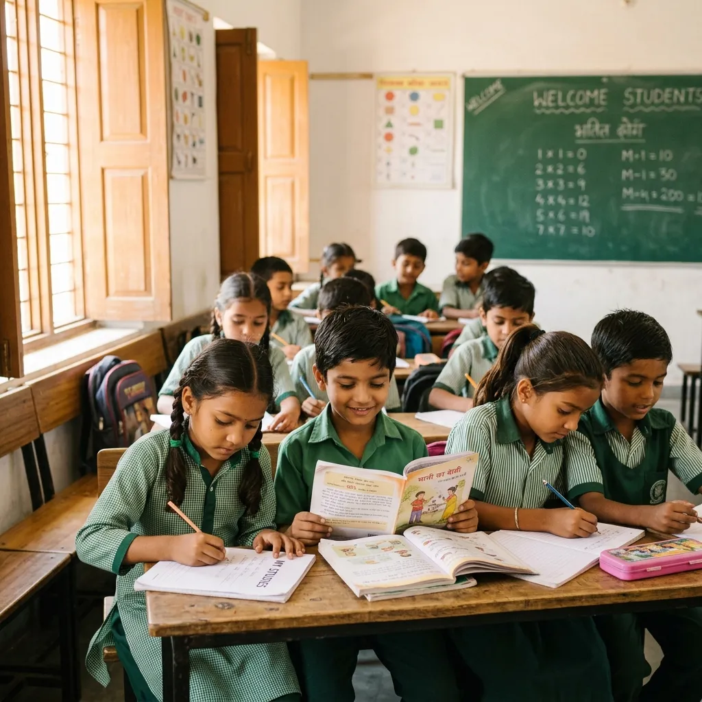 Indian children in school uniforms learning in a bright classroom