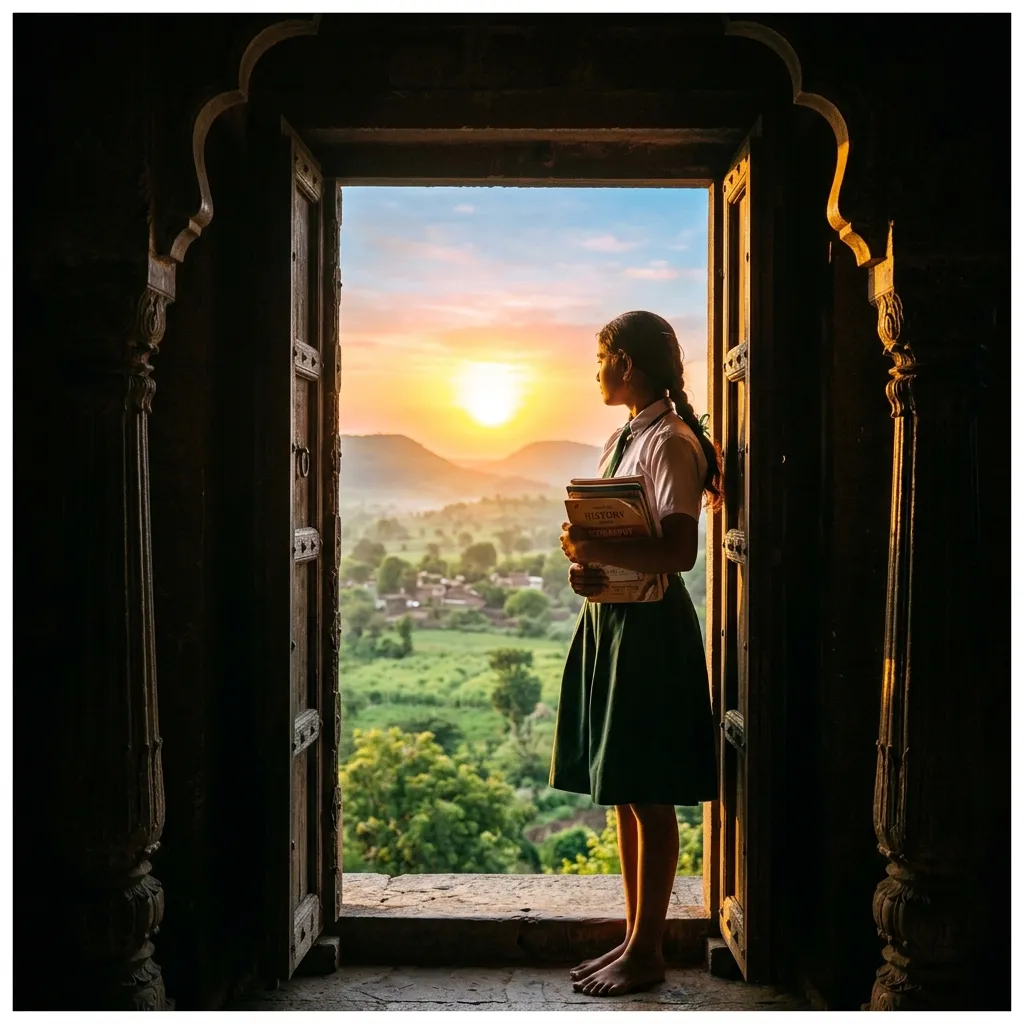 Indian student standing at a doorway looking toward a bright sunrise