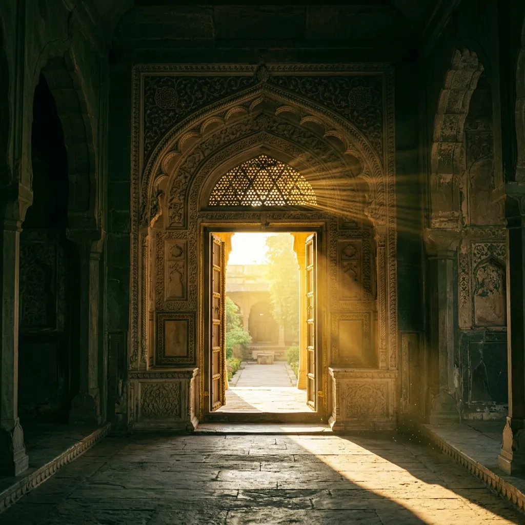 Golden sunlight streaming through an ornate Indian archway