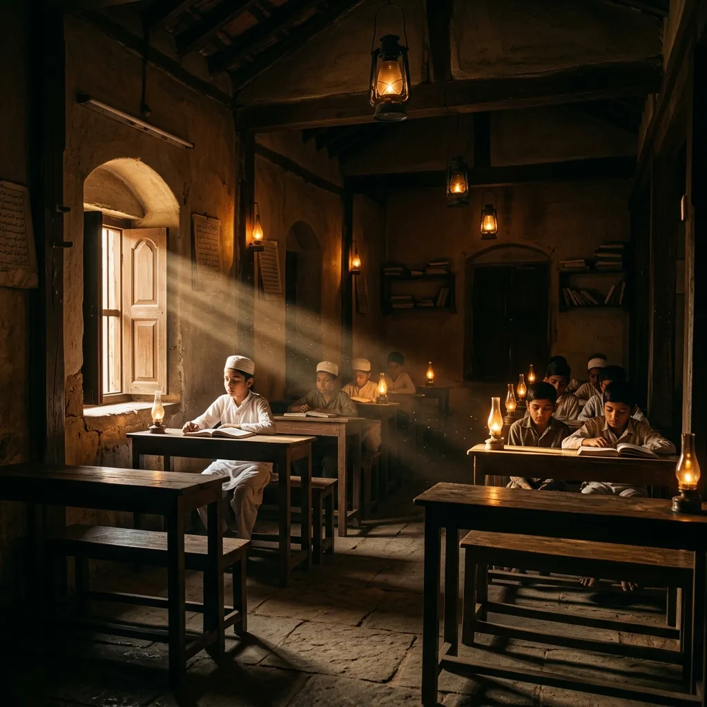 Atmospheric interior of a traditional Indian school with golden light